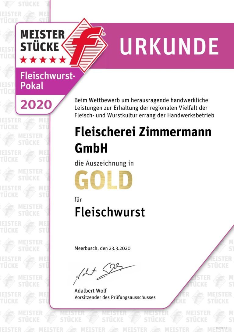 Urkunde Fleischwurst-Pokalsieger 2020