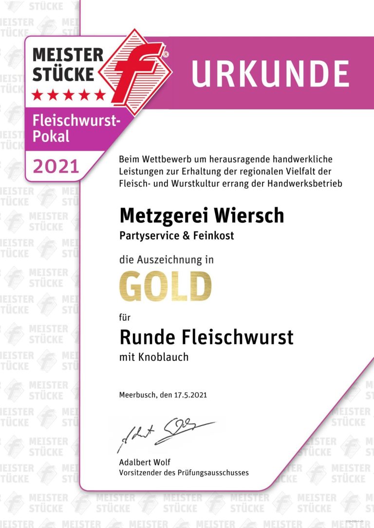 Urkunde Fleischwurst-Pokalsieger 2021