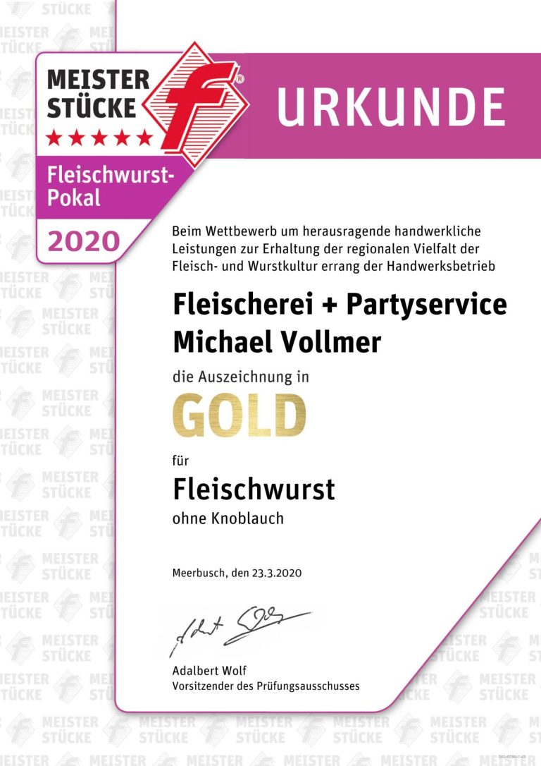 Urkunde Fleischwurst-Pokalsieger 2020