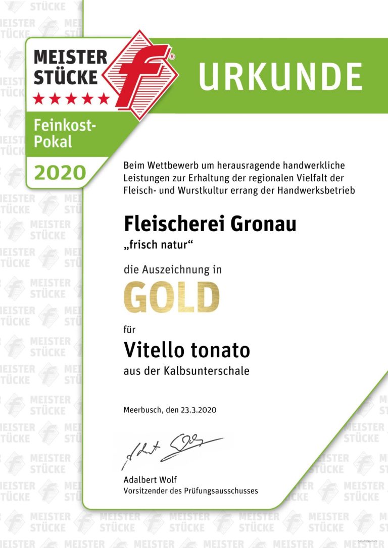 Urkunde Feinkost-Pokalsieger 2020